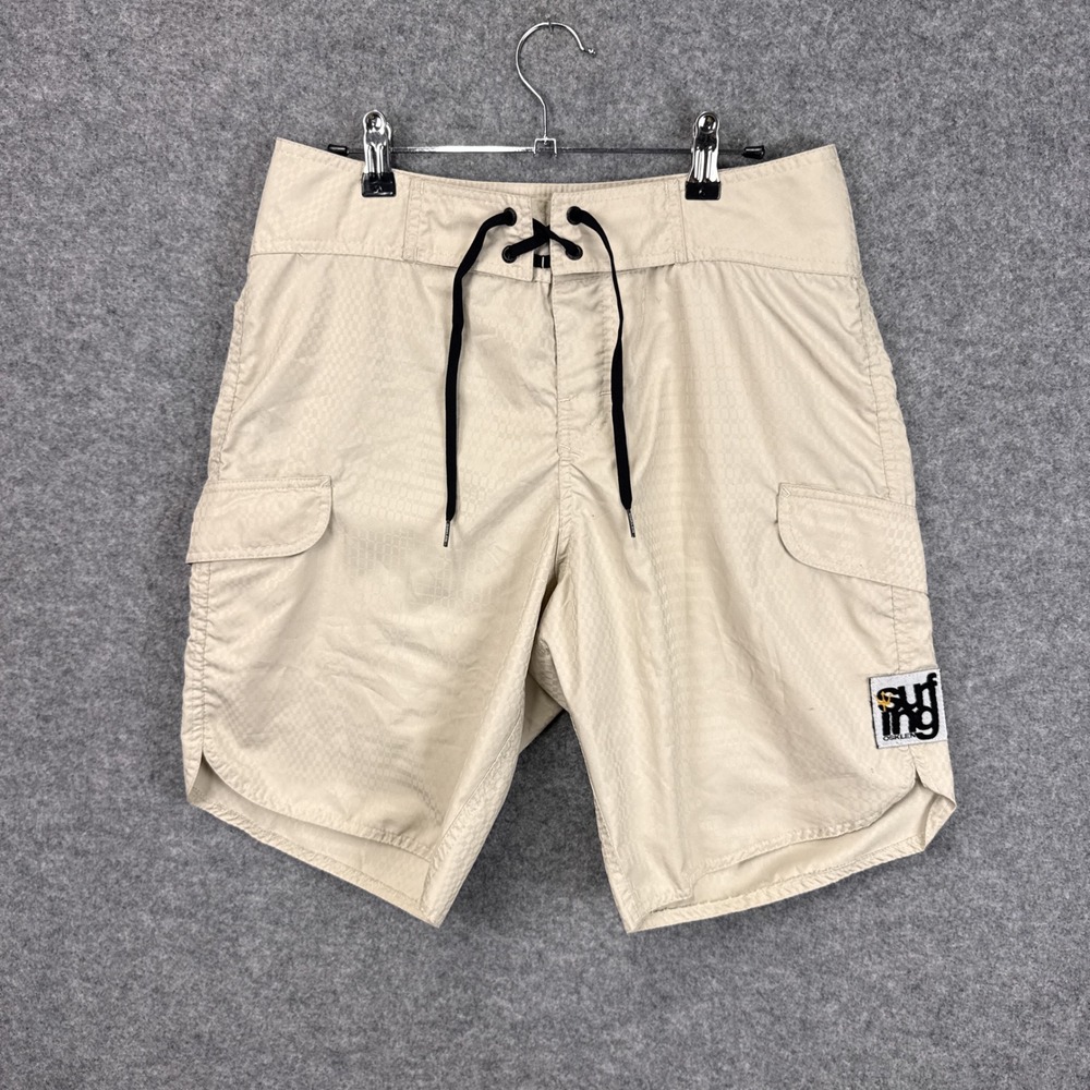 Osklen Surfing Men Board Shorts Size 28 Tan Cargo Pockets Checkered Texture‎